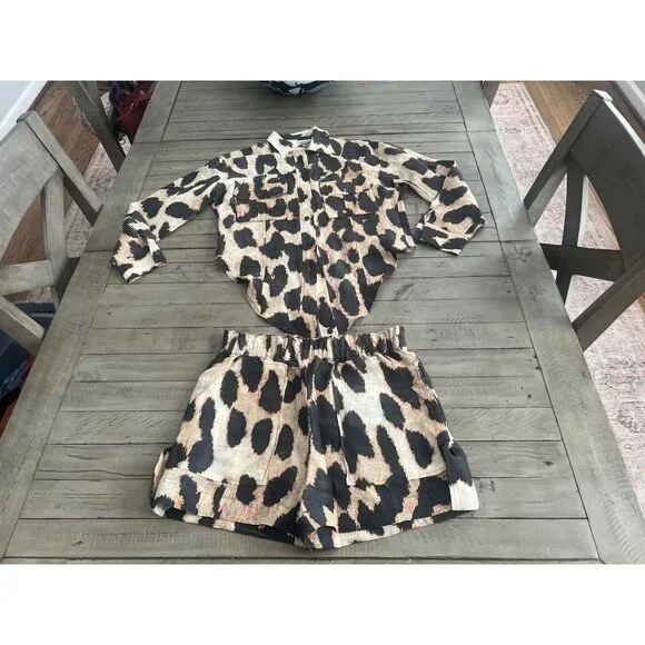GANNI Silk Linen Leopard Print Shirt + Matching Shorts SET Size 32 XS - Picture 4 of 13
